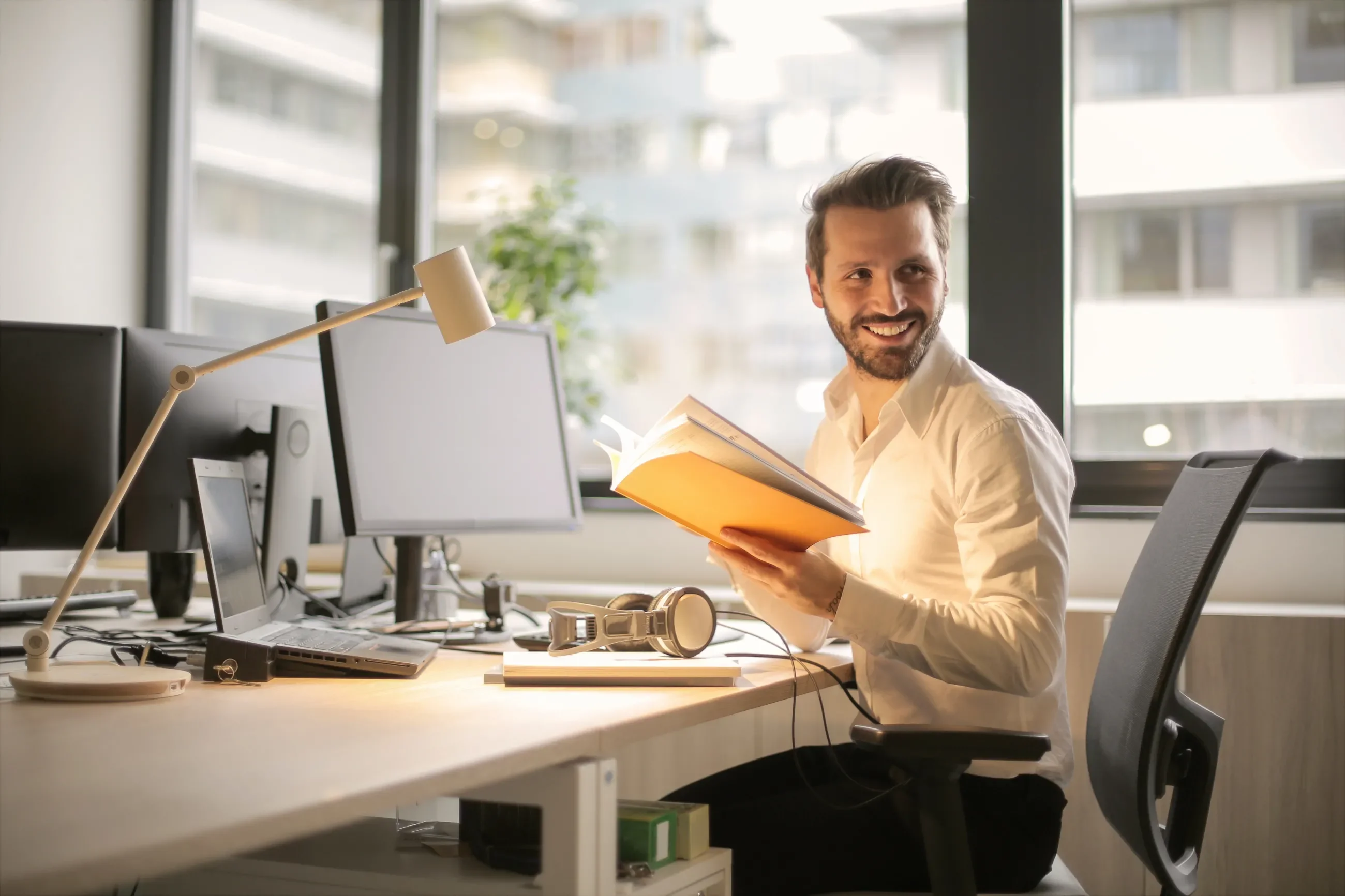 happy employee at desk